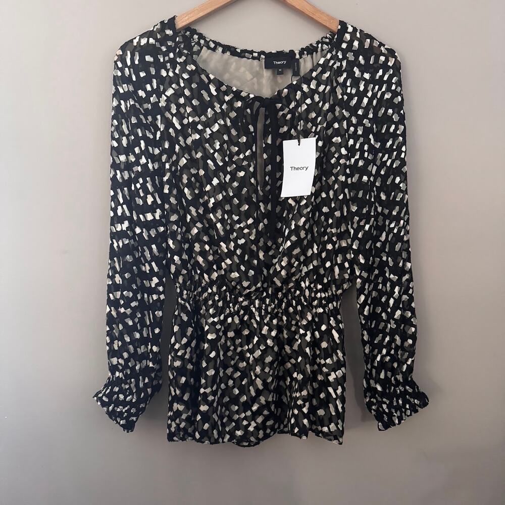 Theory Black and White Long Sleeve Silk Blouse Tie Neck Size Medium New $325